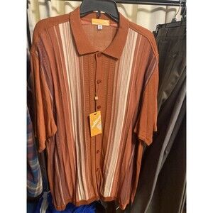 Edition S Men's Short Sleeve Knit Shirt Medium Button Down Stripes Rayon Rust
